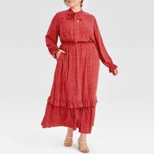 Ava&Viv Ruffled Tiered Tie-neck Long Sleeve Red Maxi Dress Peasant, Grannycore